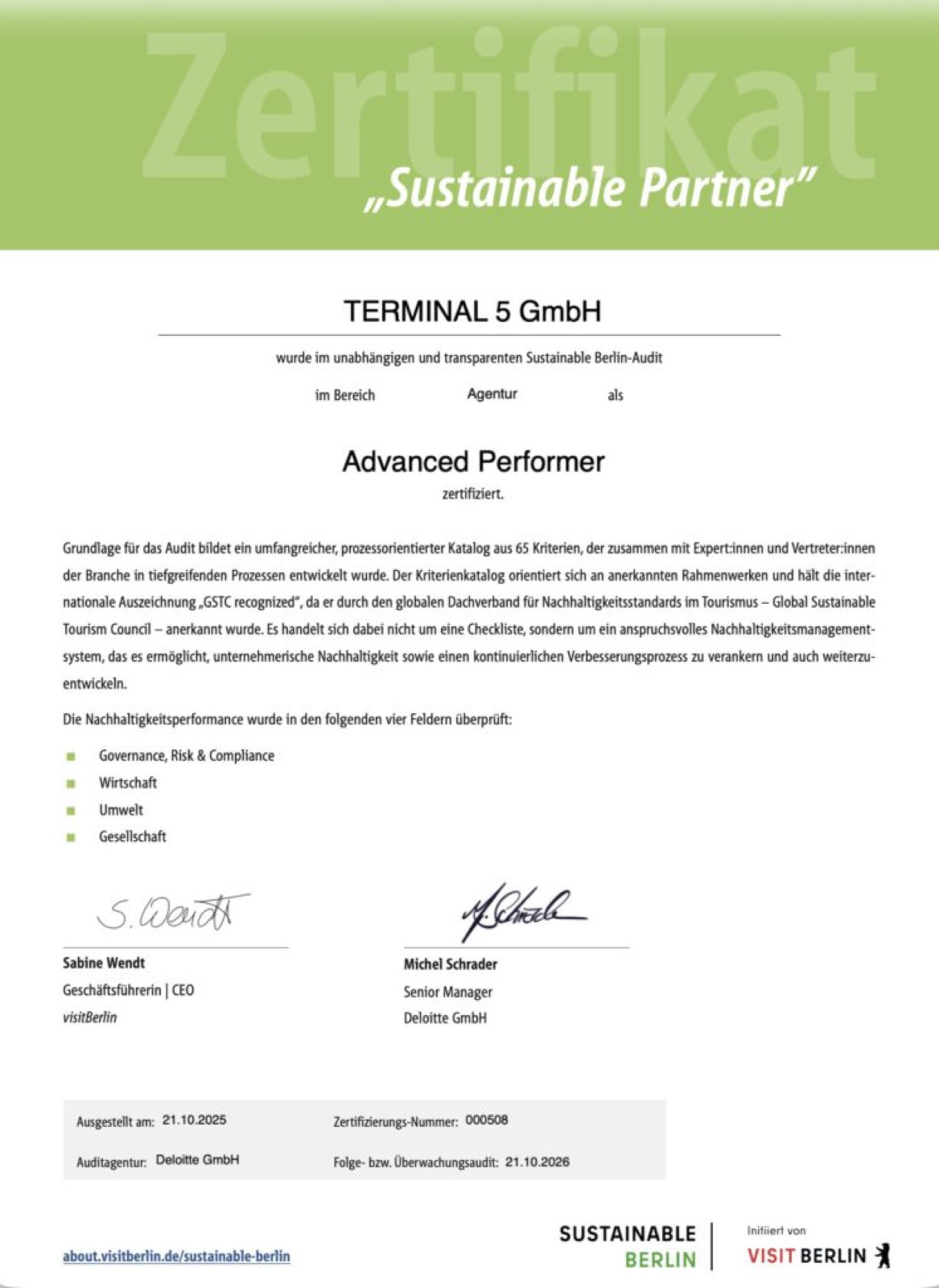 Zertifikat Sustainable Partner – Advanced Performer, TERMINAL 5 GmbH